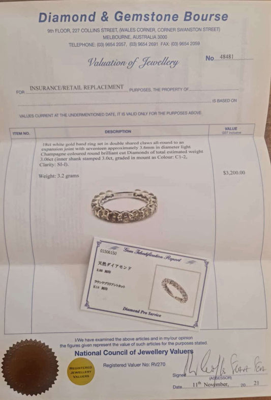 Almost Full Eternity Ring| 3-carat diamonds |18K real white gold with certificate